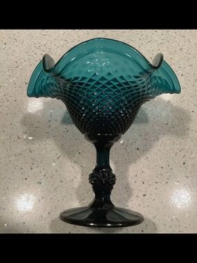 Vintage 60’s Teal Diamond Point Glass Pedestal Dish With Ruffled Rim